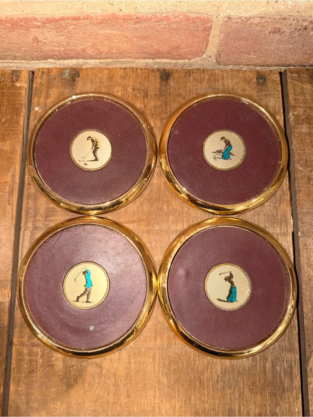 Set of 4 Vintage Golf-Themed Leather & Gold Coasters - Burgundy